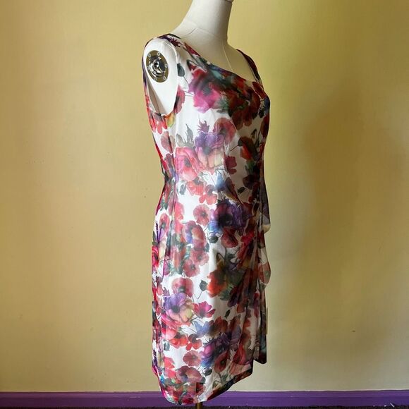 Joseph Ribkoff Floral Mesh Sheath Dress Watercolor Print Ruched Asymmetrical 12‎ - Picture 7 of 10
